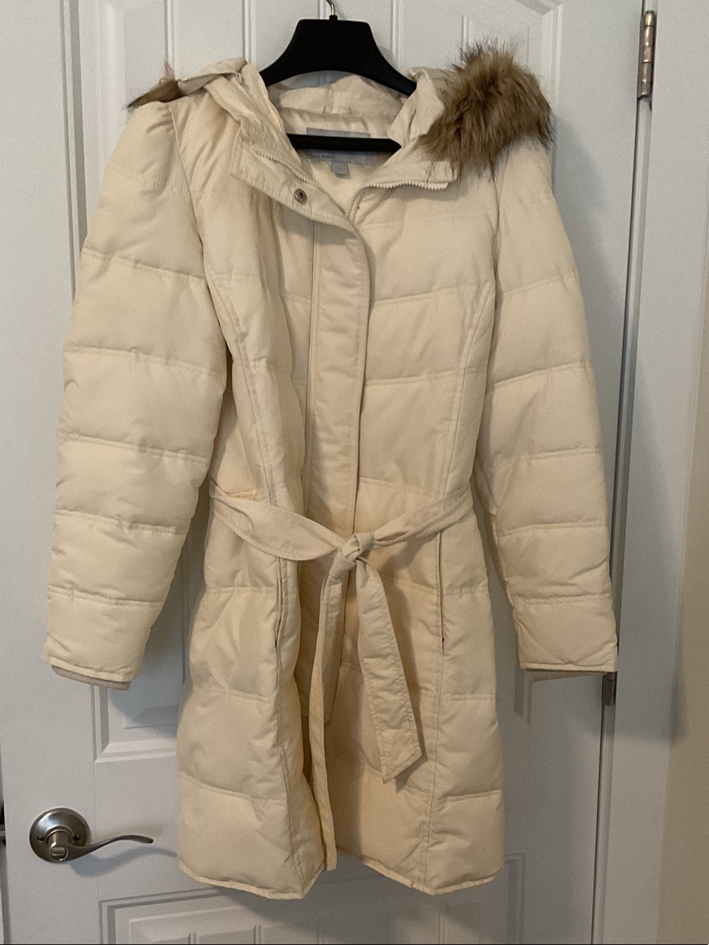Old Navy Cream Long Belted Puffer Coat with Faux Fur Hood